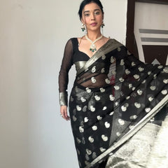 Most Stunning 1-Minute Ready To Wear Black Cotton Silk Saree