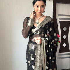 Most Stunning 1-Minute Ready To Wear Black Cotton Silk Saree