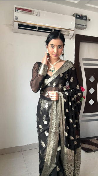 Most Stunning 1-Minute Ready To Wear Black Cotton Silk Saree