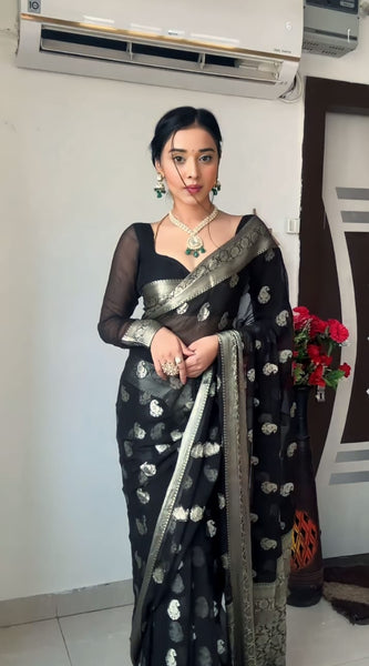Most Stunning 1-Minute Ready To Wear Black Cotton Silk Saree