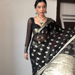 Most Stunning 1-Minute Ready To Wear Black Cotton Silk Saree