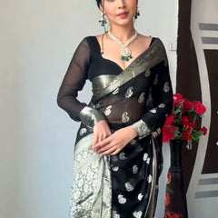 Most Stunning 1-Minute Ready To Wear Black Cotton Silk Saree