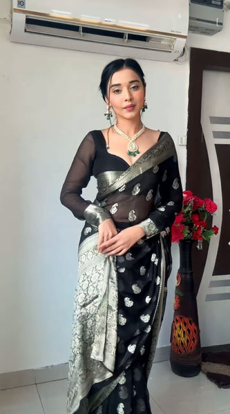 Most Stunning 1-Minute Ready To Wear Black Cotton Silk Saree