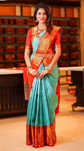 Blissful Turquoise Soft Silk Saree with Ethnic Blouse Piece