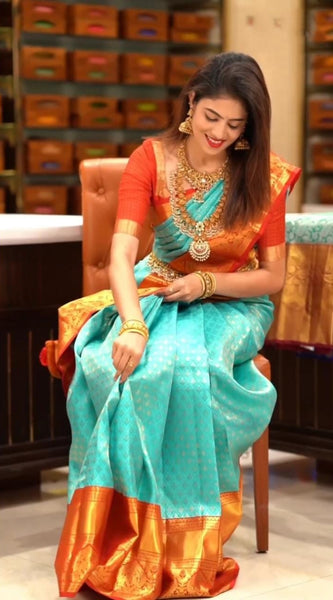 Blissful Turquoise Soft Silk Saree with Ethnic Blouse Piece