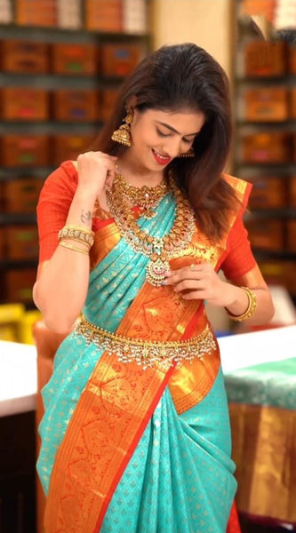 Blissful Turquoise Soft Silk Saree with Ethnic Blouse Piece