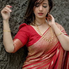 Stylish Red Soft Silk Saree With Blooming Blouse Piece