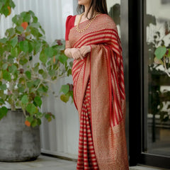Stylish Red Soft Silk Saree With Blooming Blouse Piece