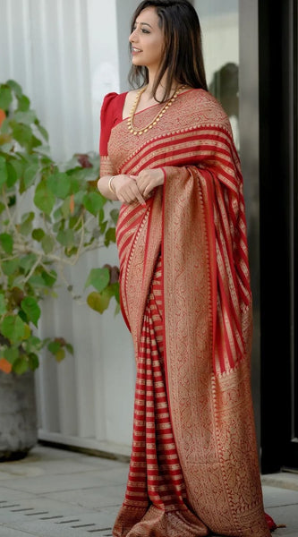 Stylish Red Soft Silk Saree With Blooming Blouse Piece