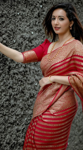 Stylish Red Soft Silk Saree With Blooming Blouse Piece