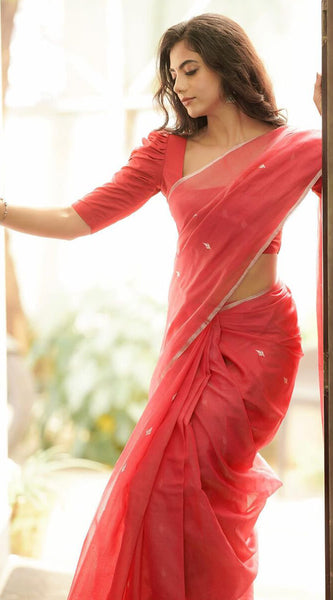 Pretty Red Cotton Silk Saree With Charming Blouse Piece