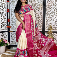 Gossamer Beige Digital Printed Dola Silk Saree With Demesne Blouse Piece