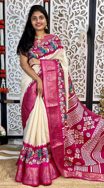 Gossamer Beige Digital Printed Dola Silk Saree With Demesne Blouse Piece