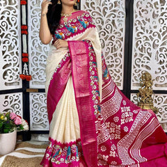 Gossamer Beige Digital Printed Dola Silk Saree With Demesne Blouse Piece