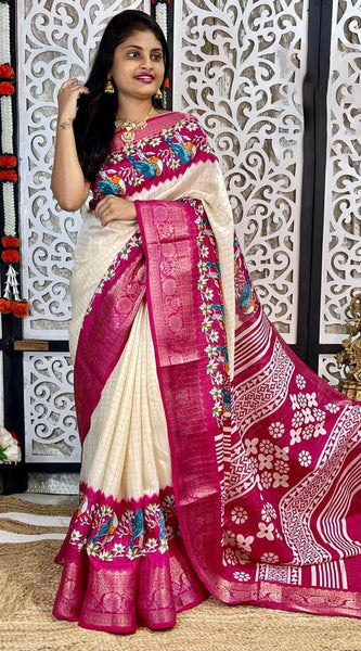 Gossamer Beige Digital Printed Dola Silk Saree With Demesne Blouse Piece