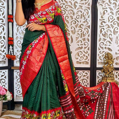 Imbrication Dark Green Digital Printed Dola Silk Saree With Seraglio Blouse Piece