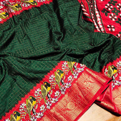 Imbrication Dark Green Digital Printed Dola Silk Saree With Seraglio Blouse Piece