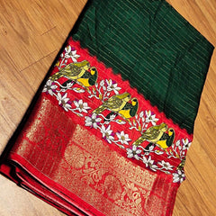 Imbrication Dark Green Digital Printed Dola Silk Saree With Seraglio Blouse Piece
