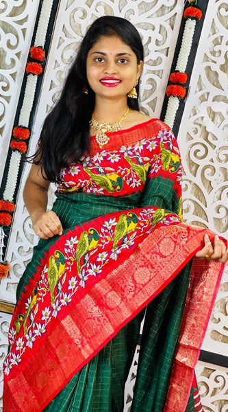 Imbrication Dark Green Digital Printed Dola Silk Saree With Seraglio Blouse Piece