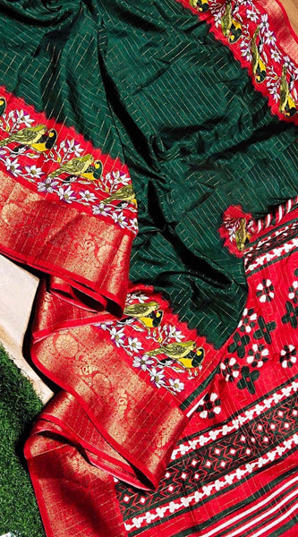 Imbrication Dark Green Digital Printed Dola Silk Saree With Seraglio Blouse Piece