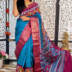 Prodigal Firozi Digital Printed Dola Silk Saree With Resplendent Blouse Piece