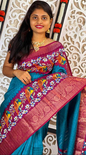 Prodigal Firozi Digital Printed Dola Silk Saree With Resplendent Blouse Piece