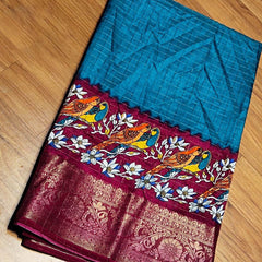 Prodigal Firozi Digital Printed Dola Silk Saree With Resplendent Blouse Piece