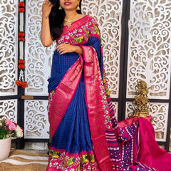 Transcendent Navy Blue Digital Printed Dola Silk Saree With Piquant Blouse Piece