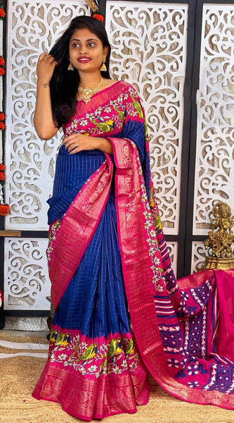 Transcendent Navy Blue Digital Printed Dola Silk Saree With Piquant Blouse Piece