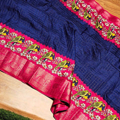 Transcendent Navy Blue Digital Printed Dola Silk Saree With Piquant Blouse Piece
