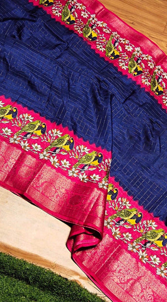 Transcendent Navy Blue Digital Printed Dola Silk Saree With Piquant Blouse Piece