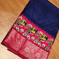 Transcendent Navy Blue Digital Printed Dola Silk Saree With Piquant Blouse Piece