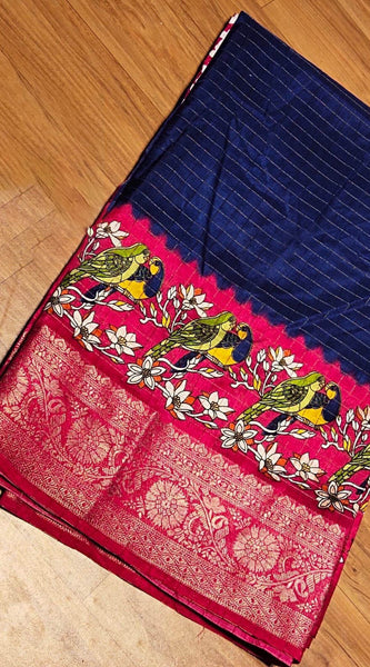 Transcendent Navy Blue Digital Printed Dola Silk Saree With Piquant Blouse Piece