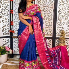 Transcendent Navy Blue Digital Printed Dola Silk Saree With Piquant Blouse Piece