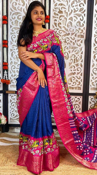 Transcendent Navy Blue Digital Printed Dola Silk Saree With Piquant Blouse Piece