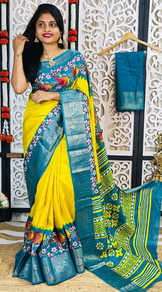 Quixotic Yellow Digital Printed Dola Silk Saree With Inimitable Blouse Piece