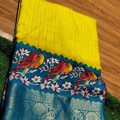 Quixotic Yellow Digital Printed Dola Silk Saree With Inimitable Blouse Piece