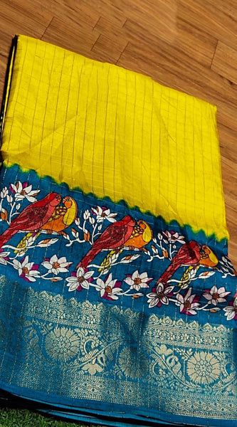 Quixotic Yellow Digital Printed Dola Silk Saree With Inimitable Blouse Piece