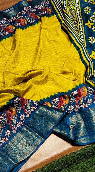 Quixotic Yellow Digital Printed Dola Silk Saree With Inimitable Blouse Piece