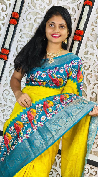 Quixotic Yellow Digital Printed Dola Silk Saree With Inimitable Blouse Piece