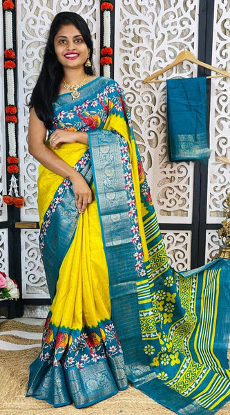 Quixotic Yellow Digital Printed Dola Silk Saree With Inimitable Blouse Piece