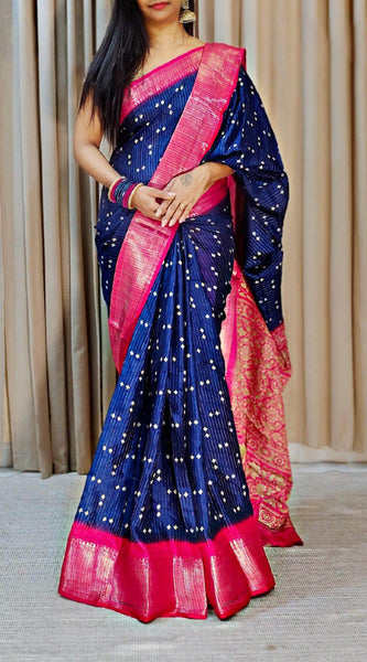 Rhapsodic Navy Blue Digital Printed Dola Silk Saree With Whimsical Blouse Piece