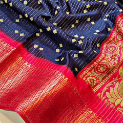 Rhapsodic Navy Blue Digital Printed Dola Silk Saree With Whimsical Blouse Piece