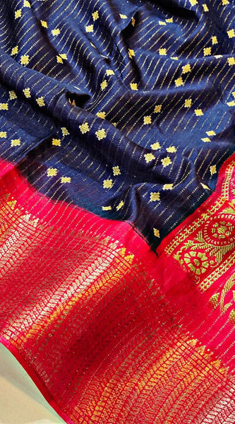 Rhapsodic Navy Blue Digital Printed Dola Silk Saree With Whimsical Blouse Piece