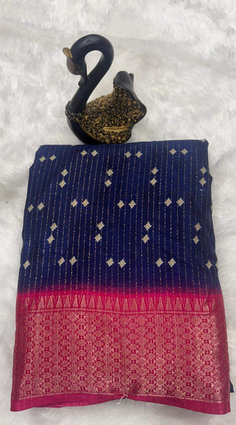 Rhapsodic Navy Blue Digital Printed Dola Silk Saree With Whimsical Blouse Piece