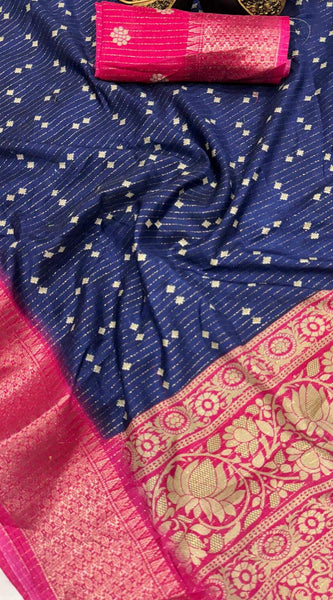 Rhapsodic Navy Blue Digital Printed Dola Silk Saree With Whimsical Blouse Piece
