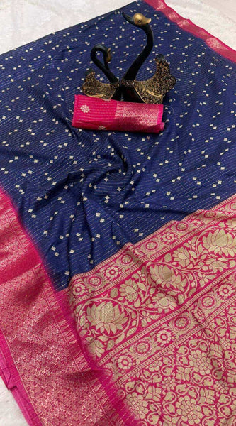 Rhapsodic Navy Blue Digital Printed Dola Silk Saree With Whimsical Blouse Piece