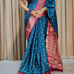 Smashing Teal Blue Digital Printed Dola Silk Saree With Redolent Blouse Piece