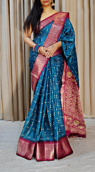 Smashing Teal Blue Digital Printed Dola Silk Saree With Redolent Blouse Piece