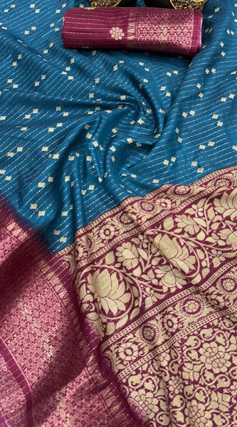 Smashing Teal Blue Digital Printed Dola Silk Saree With Redolent Blouse Piece